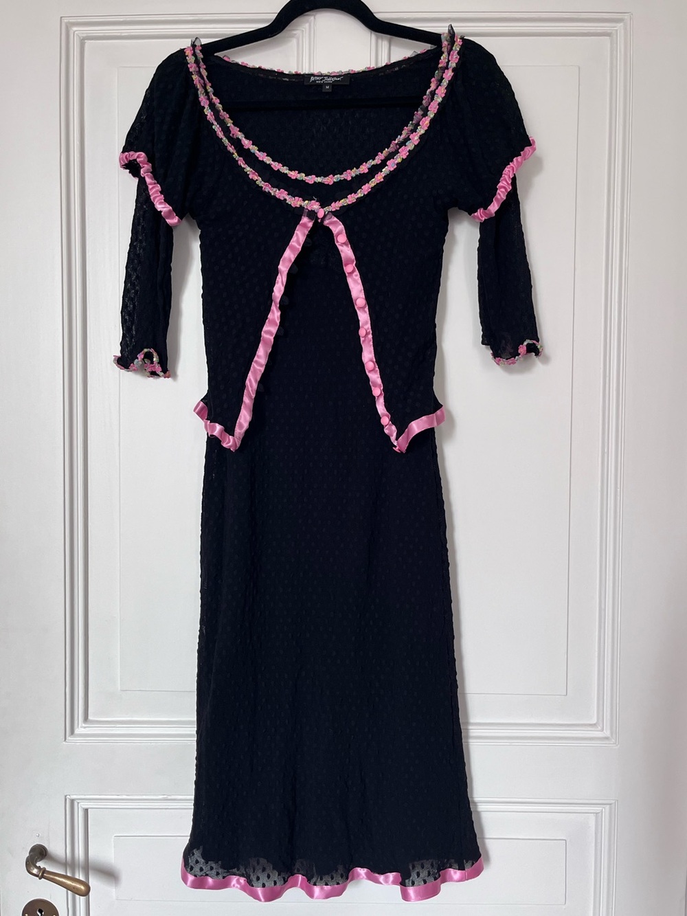 Betsey Johnson Vintage Swiss Dot Lace Pink Silk Trim 3 Piece Dress & Cardigan